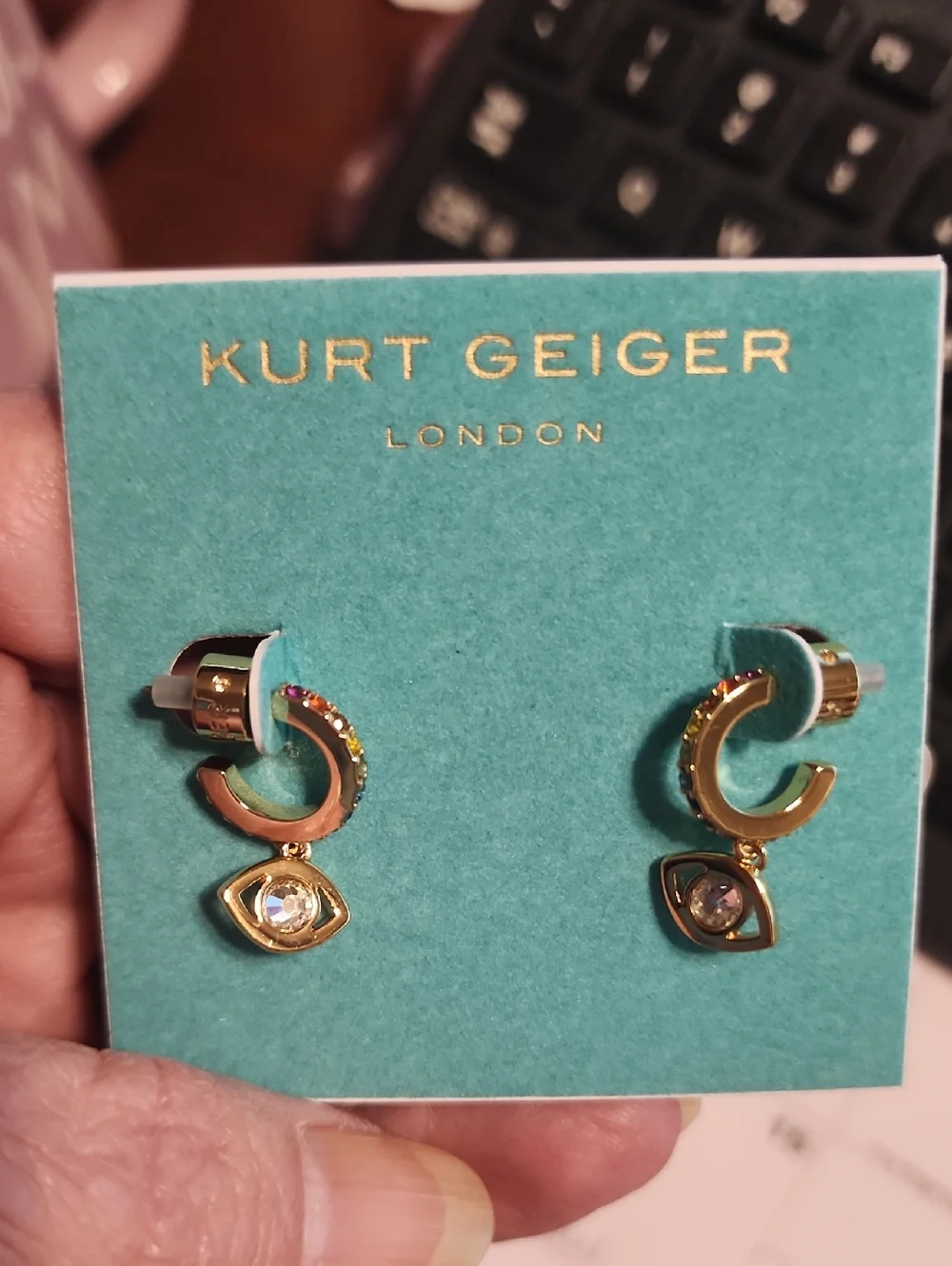 Kurt Geiger Gold Evil Eye Hoop Drop Earrings with Clear Stones - Picture 2 of 3